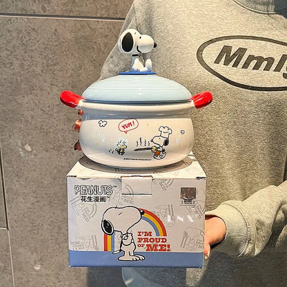 Peanuts Character Peripherals Snoopy New Ceramic Instant Noodle Bowl With Lid And Handle Student Dormitory Bowl Children'S Gift