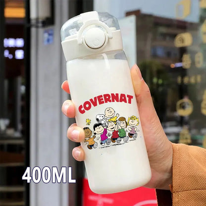 Snoopy Straw Bottles 600ml/400ML Transparent Plastic Anti Drop Water Bottle Children Students Charlie Browns Outdoor Capacity