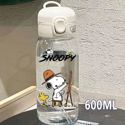 Snoopy Straw Bottles 600ml/400ML Transparent Plastic Anti Drop Water Bottle Children Students Charlie Browns Outdoor Capacity