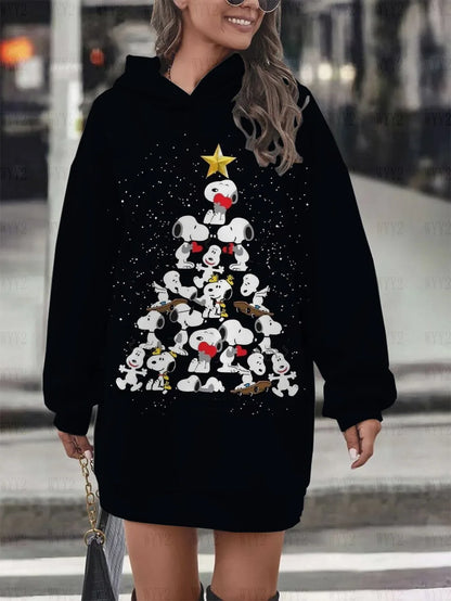 Christmas Print Hooded Black Sweatshirt  Snoopy Hoodie