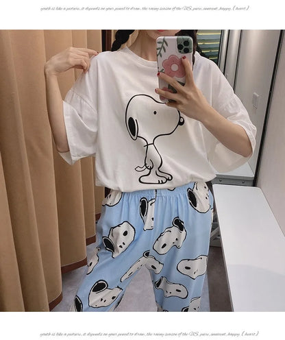 Pajama Set Short Sleeve Pants Loose Fit Snoopy Shirt