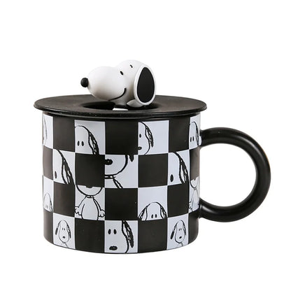 350Ml Black and White Mug With Lid Snoopy Cup