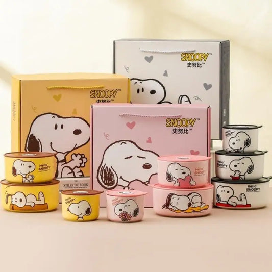Snoopy Ceramic Bowl Set Three Piece Lid Snoopy Luch Box