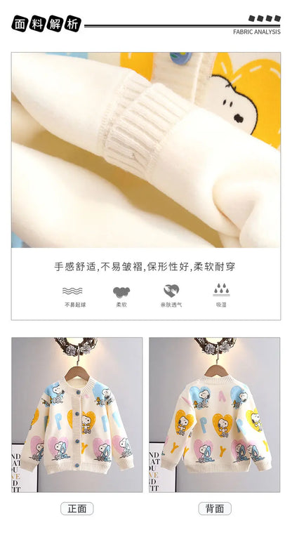 Peanuts Snoopy spring and autumn long-sleeved cartoon love printed thickened knitted cardigan children's casual all-match top