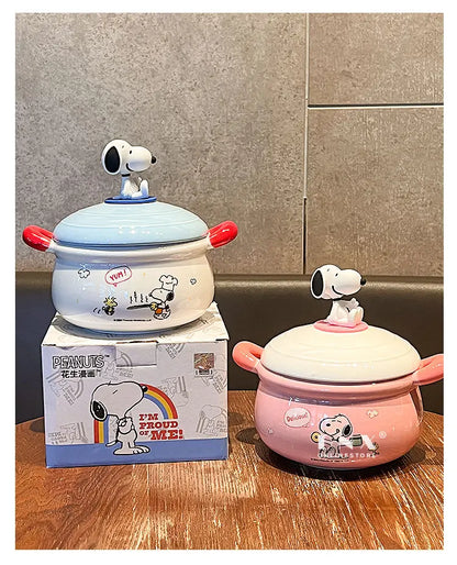 Peanuts Character Peripherals Snoopy New Ceramic Instant Noodle Bowl With Lid And Handle Student Dormitory Bowl Children'S Gift