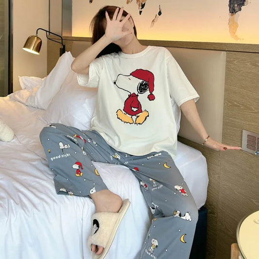 Pajama Set Short Sleeve Pants Loose Fit Snoopy Shirt