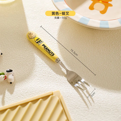 Animation Cartoon Snoopy Stainless Steel Spoon Ceramic Handled Spoon Fork Kawaii Children's Baby Tableware Cute Fruit Fork