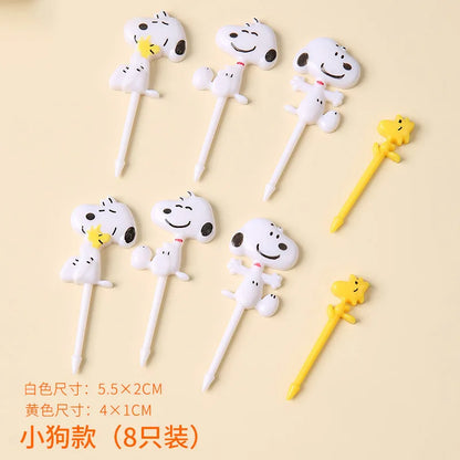 8pcs Snoopys Fruit Fork Mini Cartoon Woodstock Children Snack Dessert Food Pick Toothpick Creative Picnic Bento Party Decor Gift