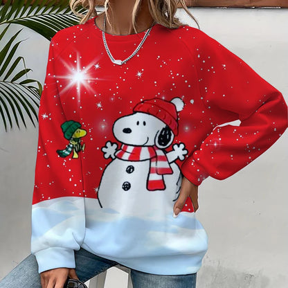 2024 autumn/winter new 3D printed women's Snoopy cartoon Christmas round neck pullover for women's street parties