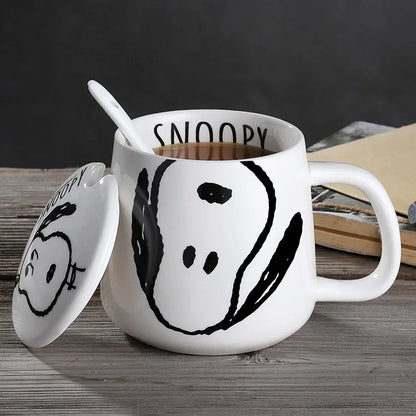 Black and White Snoopy Ceramic Mug With Cover Spoon