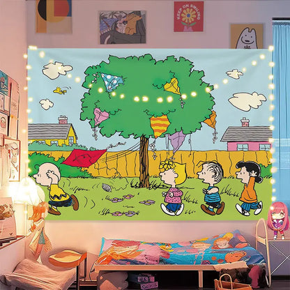 Miniso Snoopy Christmas Tapestry Wall Hanging Decor Kids Adult Bedroom Dorm Background Cloth Healing Style Party Decoration