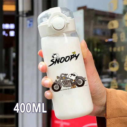 Snoopy Straw Bottles 600ml/400ML Transparent Plastic Anti Drop Water Bottle Children Students Charlie Browns Outdoor Capacity