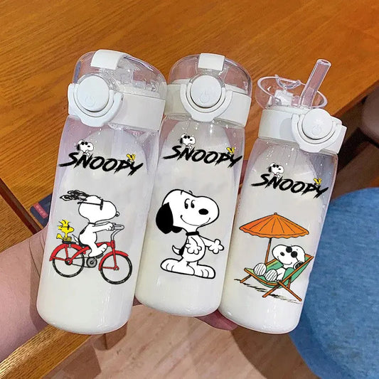 Snoopy Straw Bottles 600ml/400ML Transparent Plastic Anti Drop Water Bottle Children Students Charlie Browns Outdoor Capacity