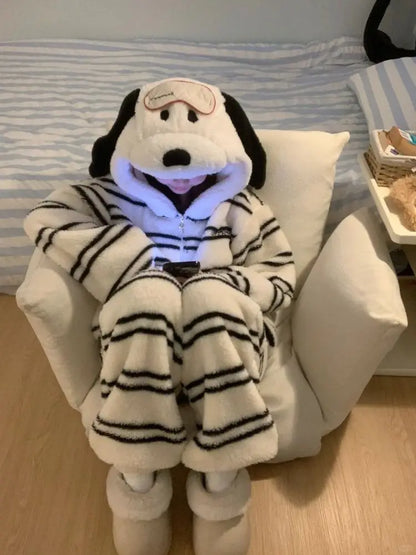 2025 New Snoopy Pajamas Halloween Flannel Fashion Kids Adult Hooded Pajamas Kawaii Woolen Anime Cartoon Casual Home Pants Autumn