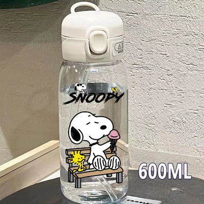 Snoopy Straw Bottles 600ml/400ML Transparent Plastic Anti Drop Water Bottle Children Students Charlie Browns Outdoor Capacity