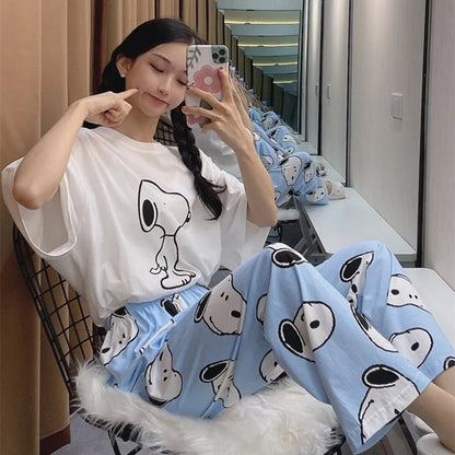 Pajama Set Short Sleeve Pants Loose Fit Snoopy Shirt
