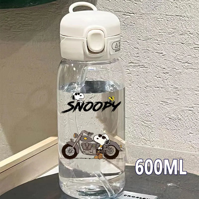 Snoopy Straw Bottles 600ml/400ML Transparent Plastic Anti Drop Water Bottle Children Students Charlie Browns Outdoor Capacity