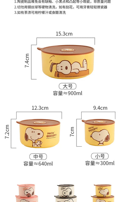 Snoopy Ceramic Bowl Set Three Piece Lid Snoopy Luch Box