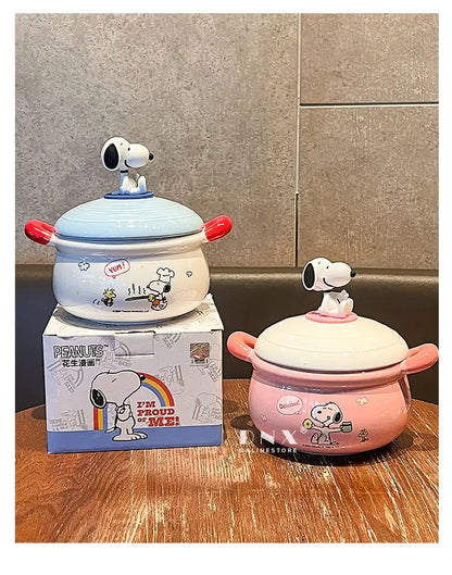Peanuts Character Peripherals Snoopy New Ceramic Instant Noodle Bowl With Lid And Handle Student Dormitory Bowl Children'S Gift