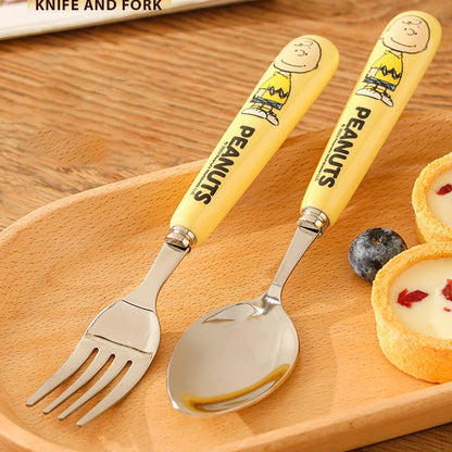 Animation Cartoon Snoopy Stainless Steel Spoon Ceramic Handled Spoon Fork Kawaii Children's Baby Tableware Cute Fruit Fork