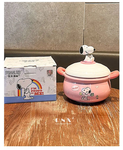 Peanuts Character Peripherals Snoopy New Ceramic Instant Noodle Bowl With Lid And Handle Student Dormitory Bowl Children'S Gift