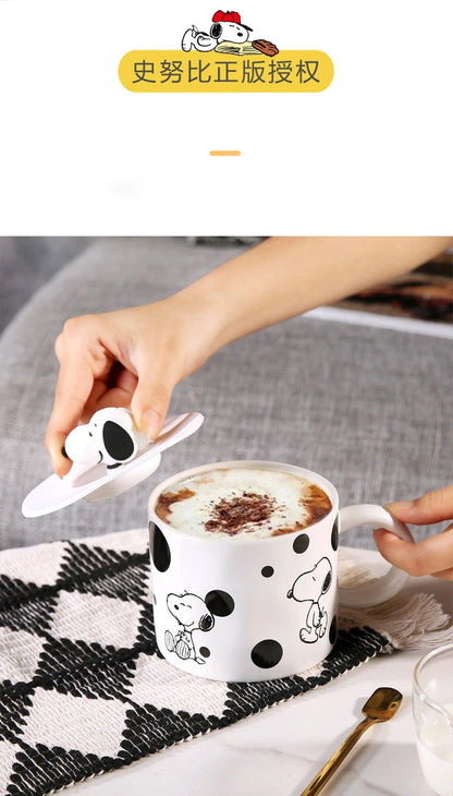 350Ml Black and White Mug With Lid Snoopy Cup
