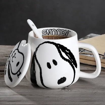 Black and White Snoopy Ceramic Mug With Cover Spoon
