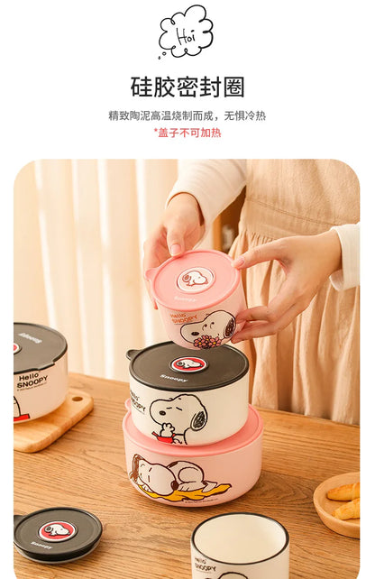 Snoopy Ceramic Bowl Set Three Piece Lid Snoopy Luch Box
