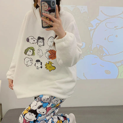 Peanuts Flannel Pajamas Coral Fleece Sleeves Snoopy Pyjama