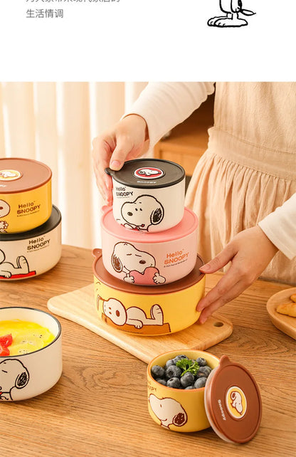 Snoopy Ceramic Bowl Set Three Piece Lid Snoopy Luch Box