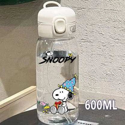 Snoopy Straw Bottles 600ml/400ML Transparent Plastic Anti Drop Water Bottle Children Students Charlie Browns Outdoor Capacity