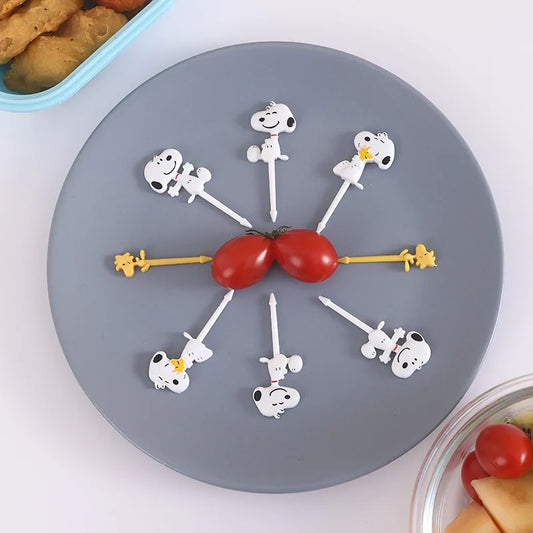 8pcs Snoopys Fruit Fork Mini Cartoon Woodstock Children Snack Dessert Food Pick Toothpick Creative Picnic Bento Party Decor Gift