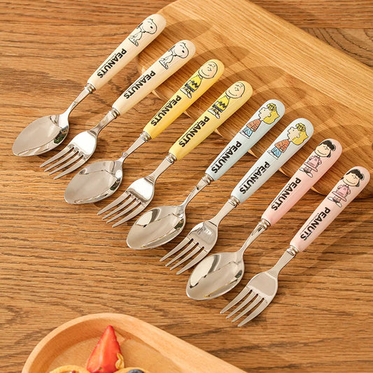 Animation Cartoon Snoopy Stainless Steel Spoon Ceramic Handled Spoon Fork Kawaii Children's Baby Tableware Cute Fruit Fork