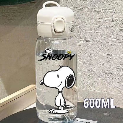 Snoopy Straw Bottles 600ml/400ML Transparent Plastic Anti Drop Water Bottle Children Students Charlie Browns Outdoor Capacity