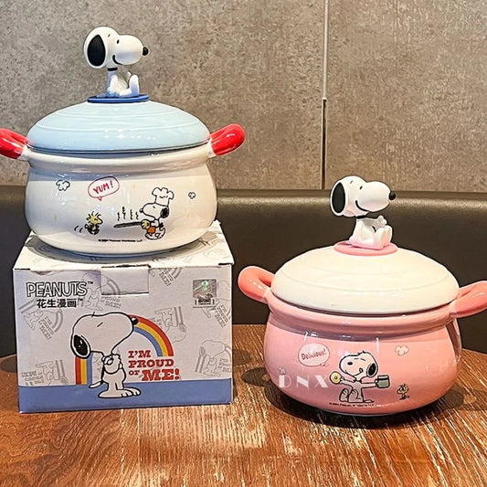 Peanuts Character Peripherals Snoopy New Ceramic Instant Noodle Bowl With Lid And Handle Student Dormitory Bowl Children'S Gift