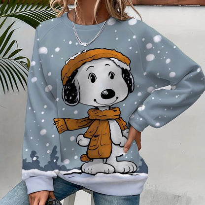 2024 autumn/winter new 3D printed women's Snoopy cartoon Christmas round neck pullover for women's street parties