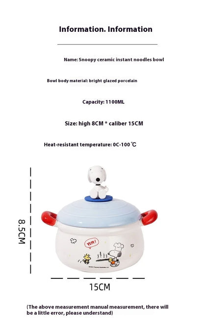 Peanuts Character Peripherals Snoopy New Ceramic Instant Noodle Bowl With Lid And Handle Student Dormitory Bowl Children'S Gift